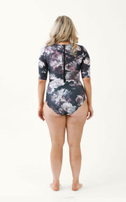 1/2 length sleeve sunsafe one piece swimsuit black floral print